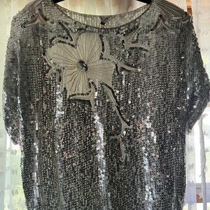 Royal - Pure silk, sequin & pearl vintage floral top - GUC!  Size S